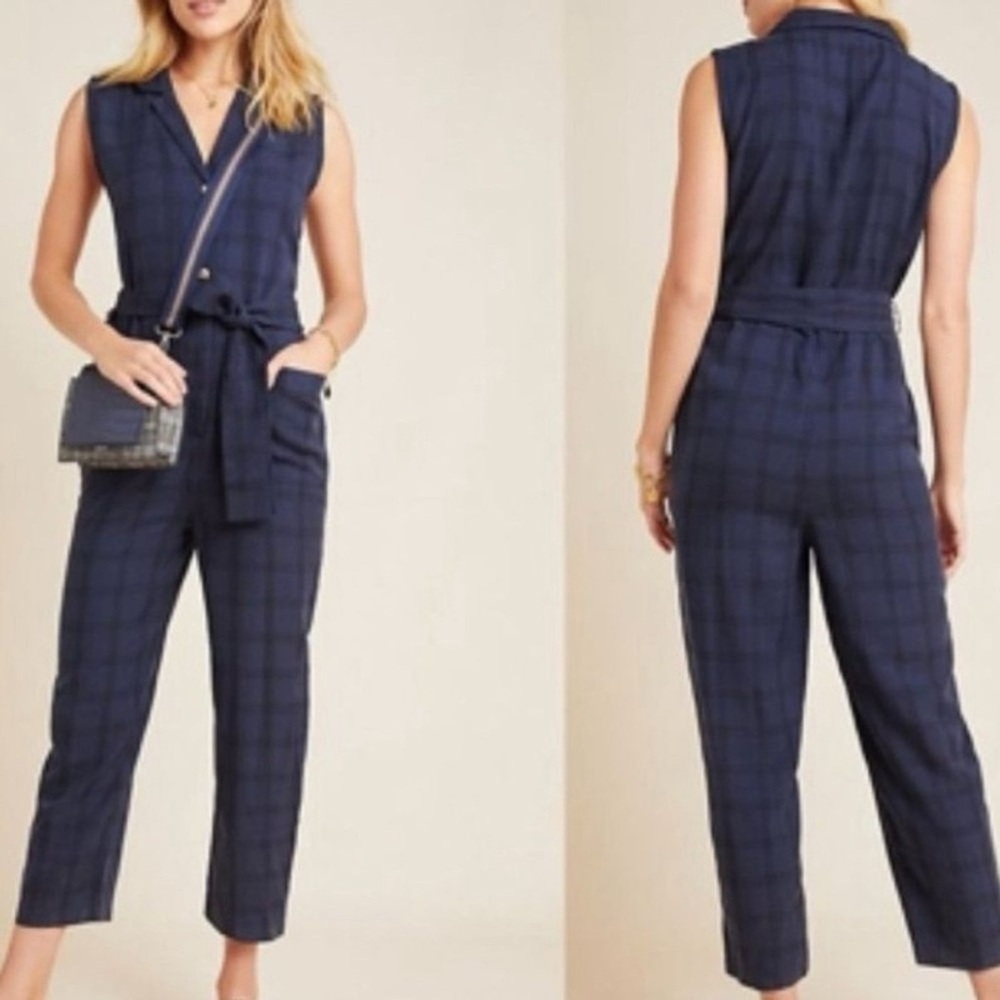 Anthropologie Navy Checkered Jumpsuit
